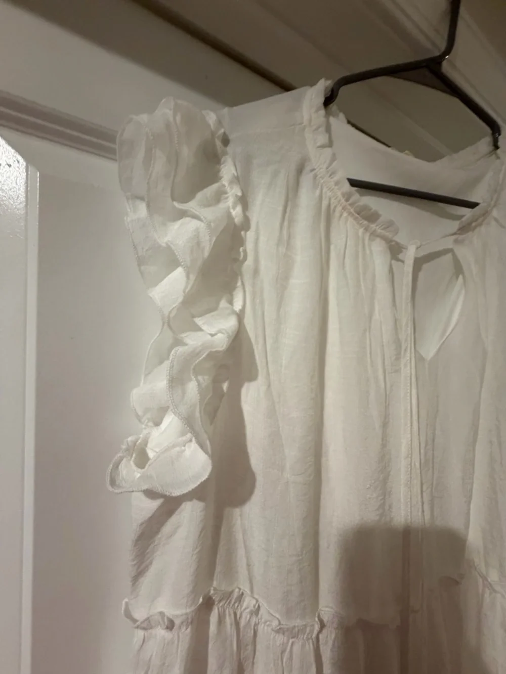 White Ruffle Tiered Cotton Peasant Dress - Picture 2 of 6